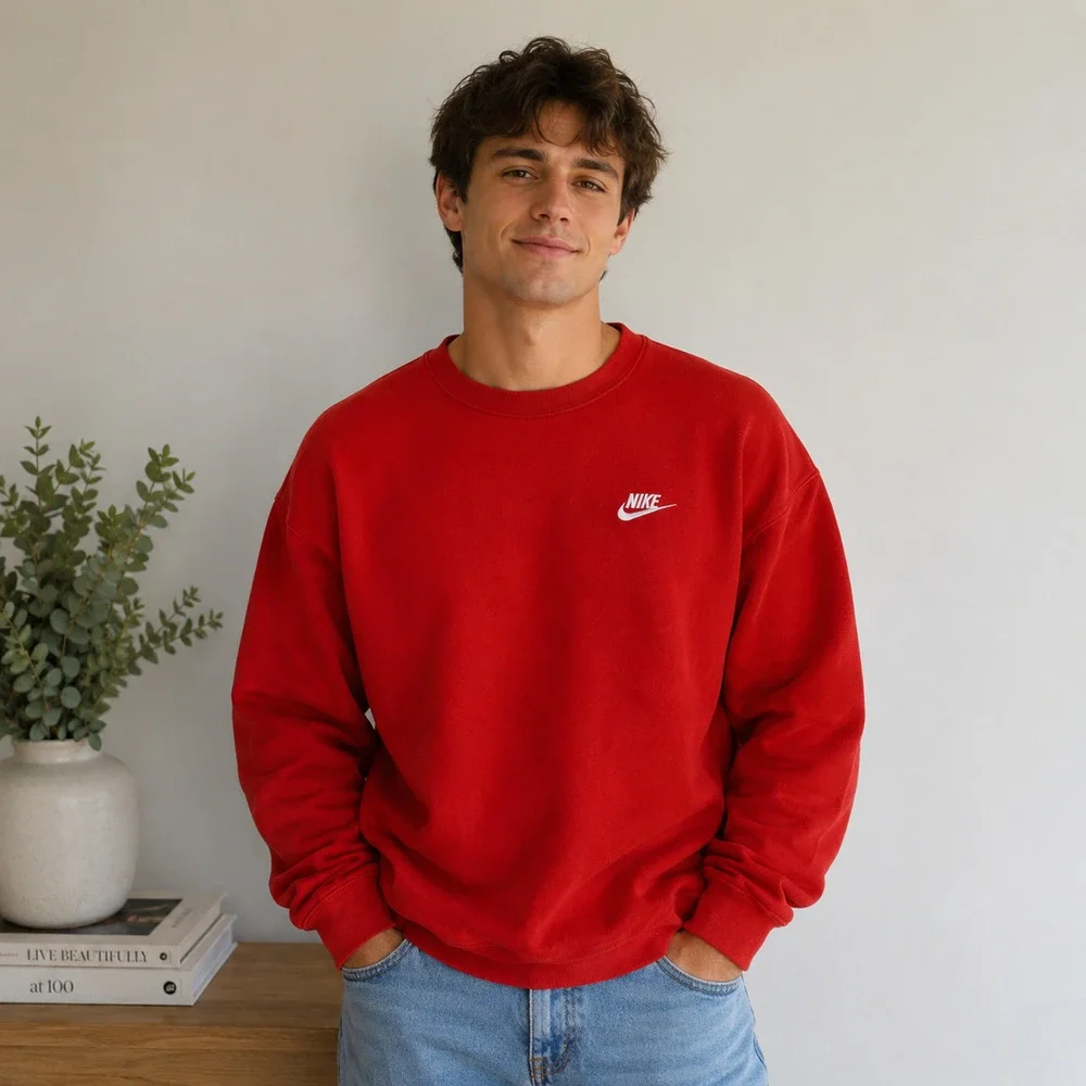 Nike Sweatshirt Mens Small Red Club Fleece Crewneck Pullover Swoosh Retro